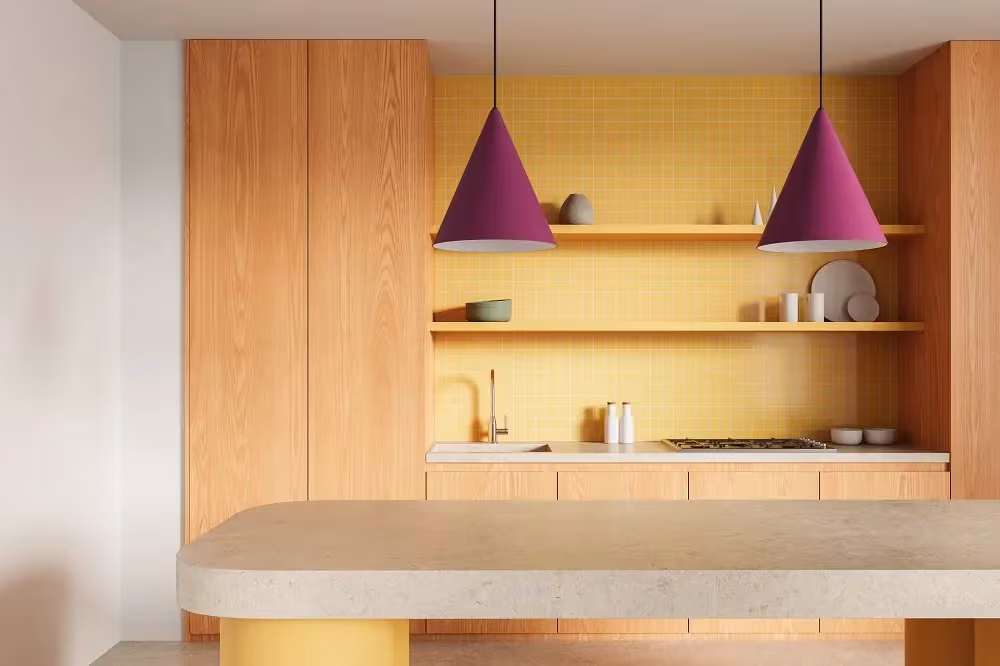 Open wood shelving lit by pink cone pendant lights