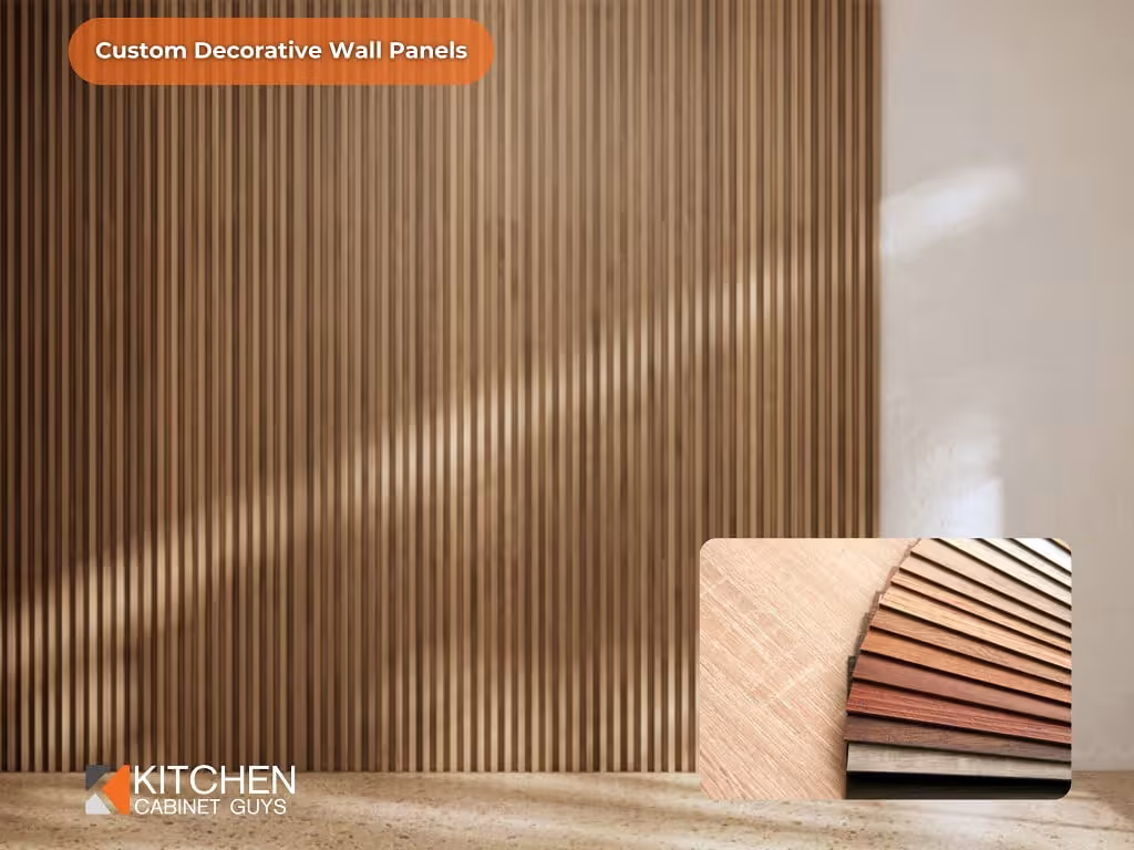 Custom decorative wall panels in warm wood beside a fan of finish samples