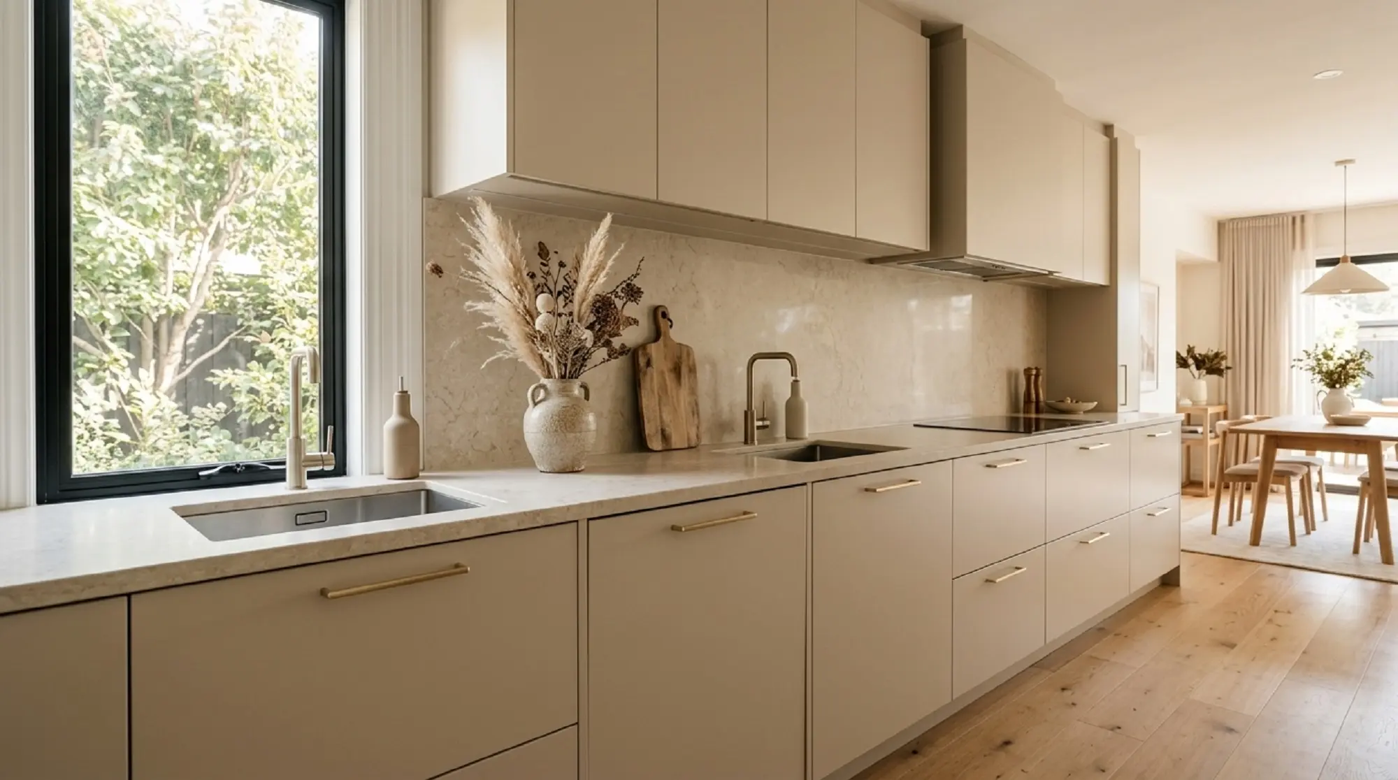 Taupe handleless cabinets and a wood floor in a Joliet kitchen