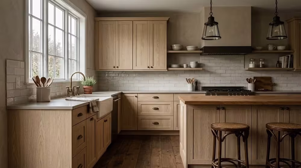 Light woodgrain laminate kitchen with black hardware and stools