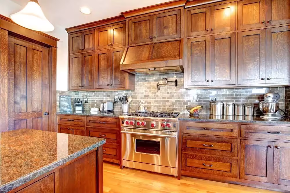 Rustic knotty alder kitchen with a professional range