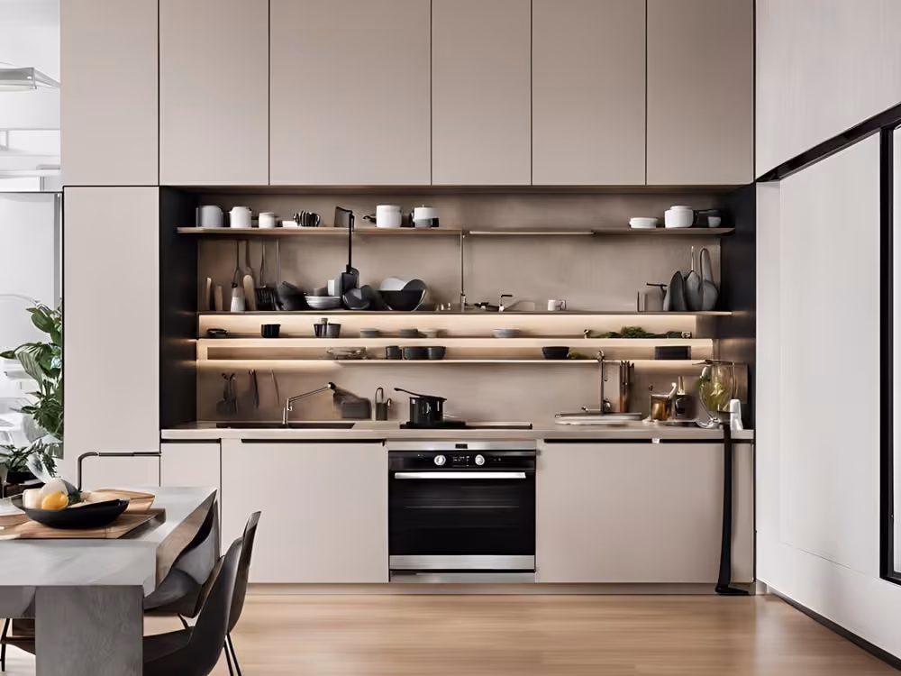 Taupe handleless kitchen with open shelving and a built-in oven