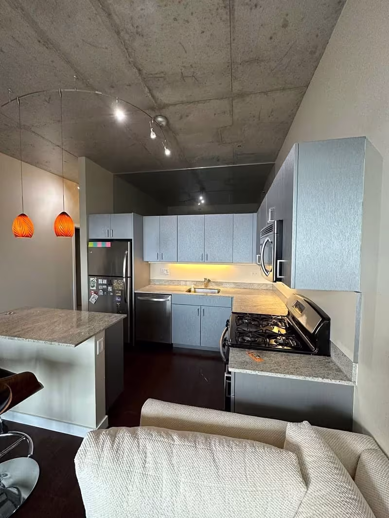 Light gray refaced cabinets in the Chicago loft kitchen