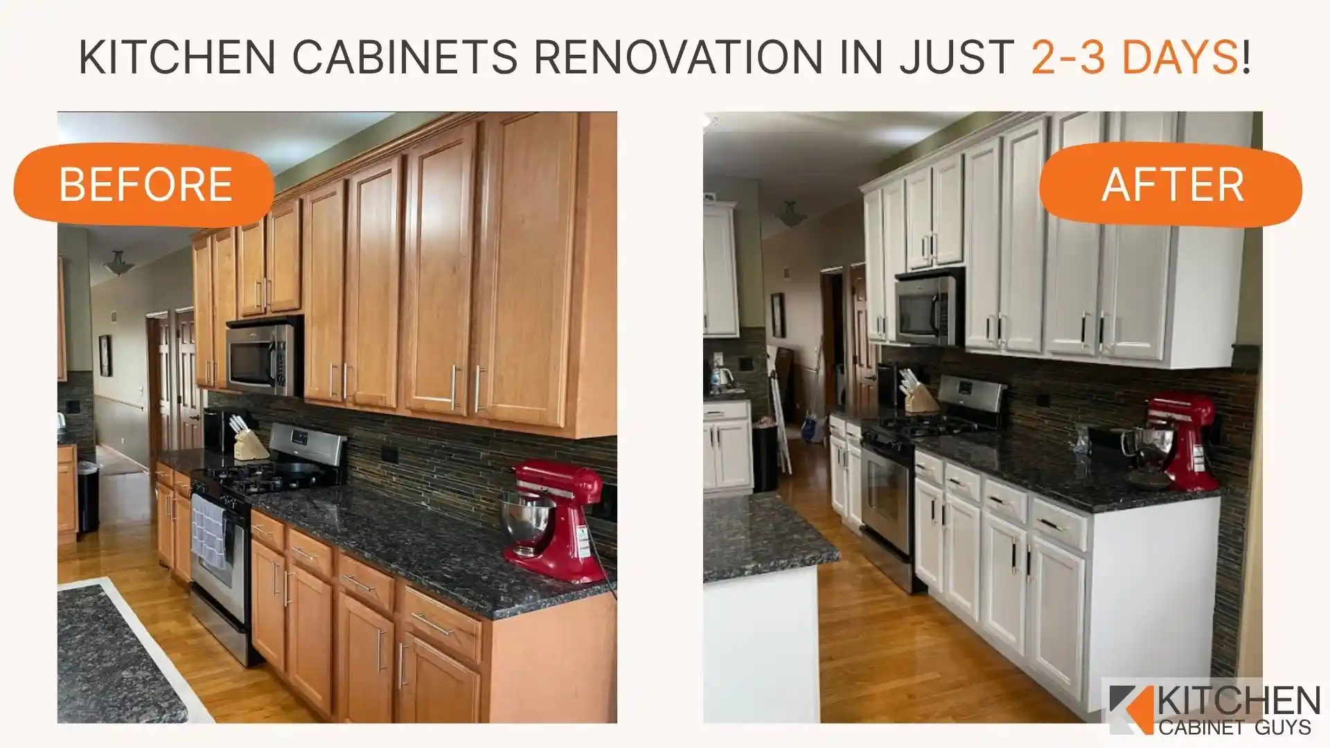 Before and after panel showing oak cabinets refaced in white in days