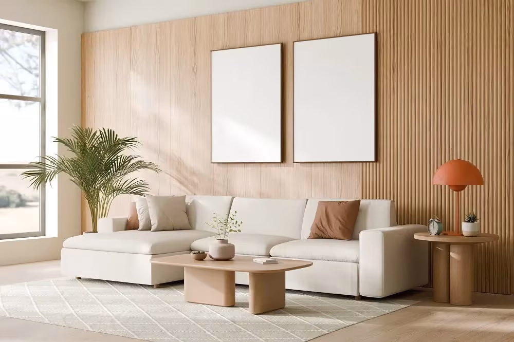 Living room with a vertical wood slat wall and framed prints