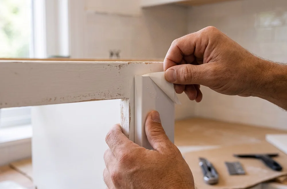 Hands fitting a white panel to a cabinet box in a small kitchen