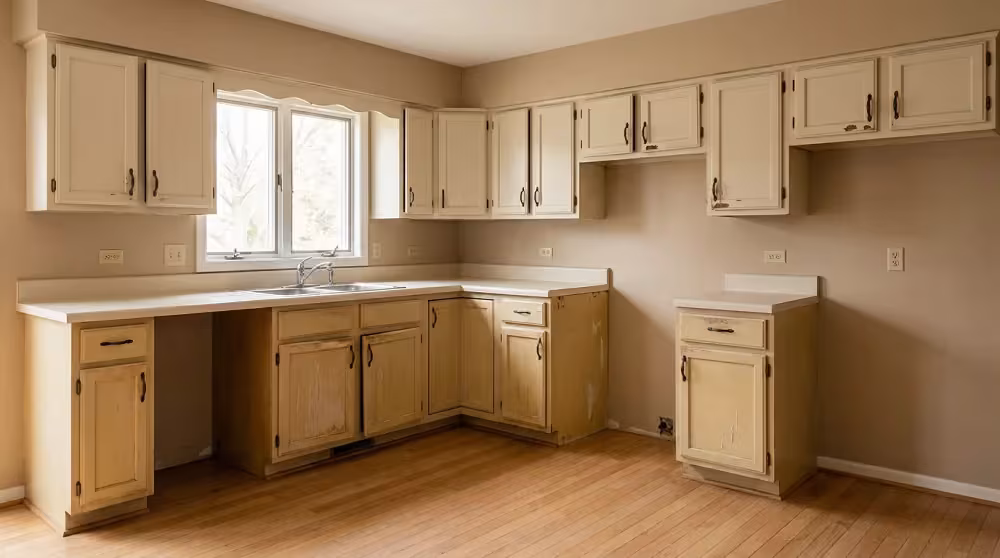 Stripped cabinet boxes with the doors removed before a new finish