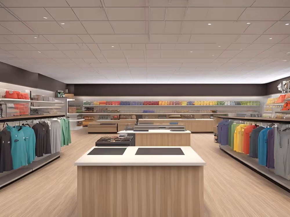Clothing store with a central wood display island and wall racking