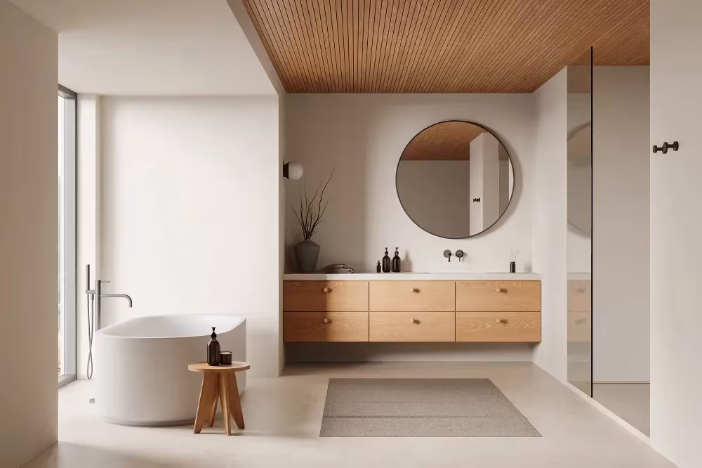 Floating wood bathroom vanity with a round mirror and freestanding tub