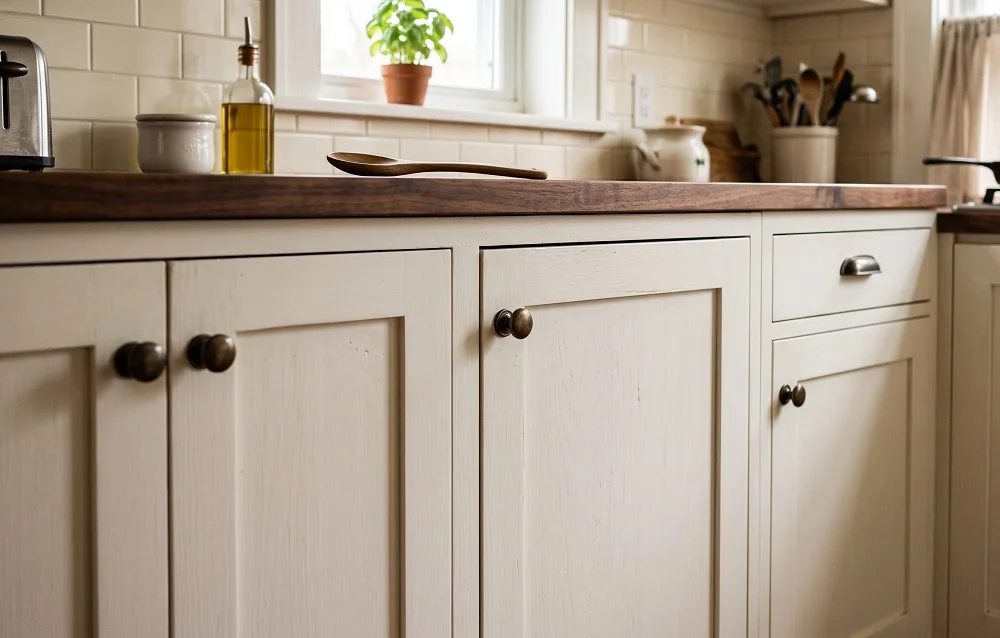 Cream Shaker doors with black knobs under a butcher block counter
