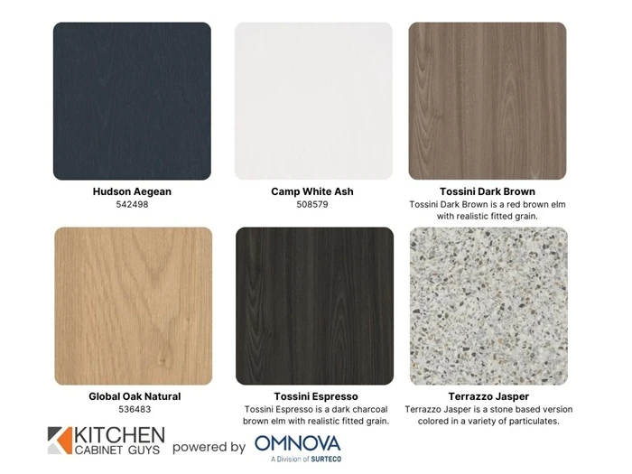 3D laminate sample board led by Hudson Aegean, Camp White Ash and Tossini Dark Brown