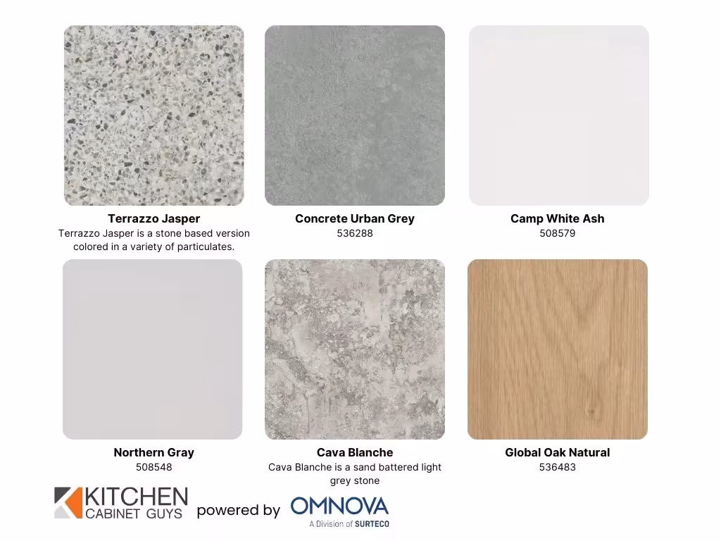 3D laminate sample board with Terrazzo Jasper, Concrete Urban Gray and Cava Blanche