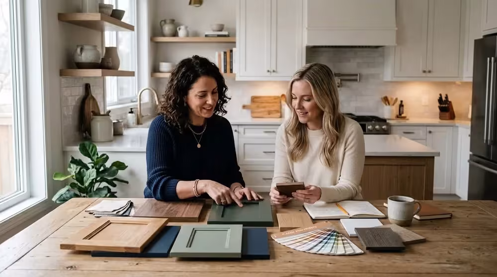 Two women reviewing cabinet colour samples at a kitchen island