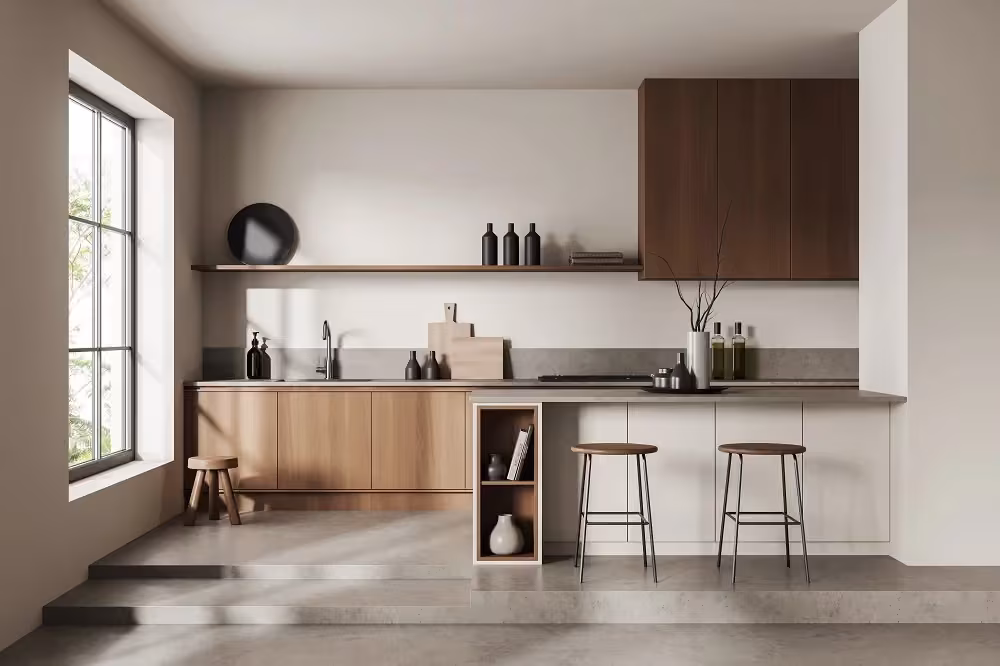Neutral kitchen combining warm wood and white cabinet fronts