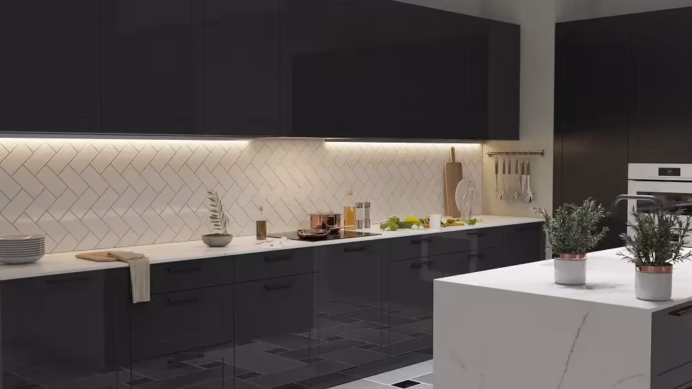 LED strip lighting under the wall cabinets of a dark kitchen