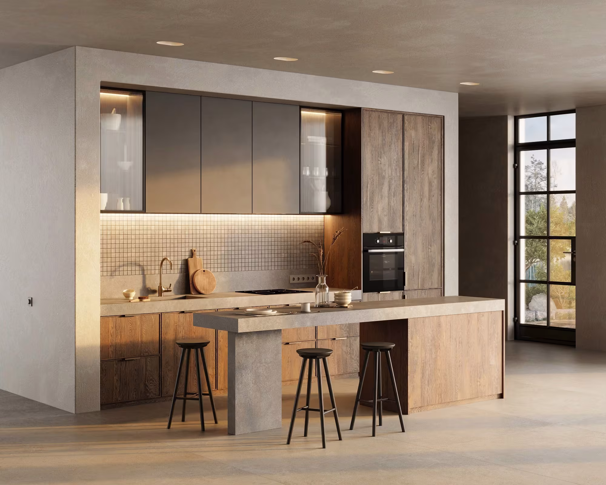 Gray and wood cabinets around an island with stools in Park Ridge