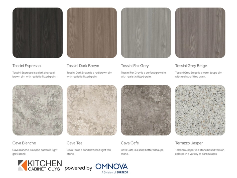 Twelve-swatch board of Tossini woodgrains and Cava stone laminates