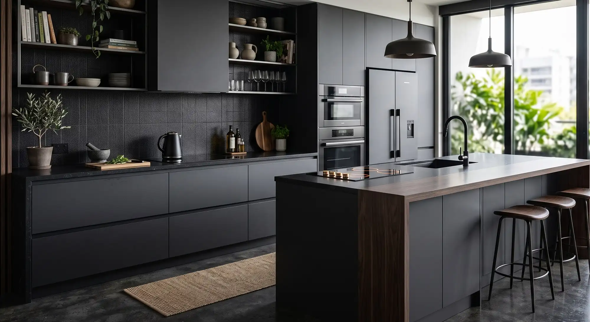 Matte charcoal flat-panel cabinets with open shelving and a walnut-edged island with bar stools