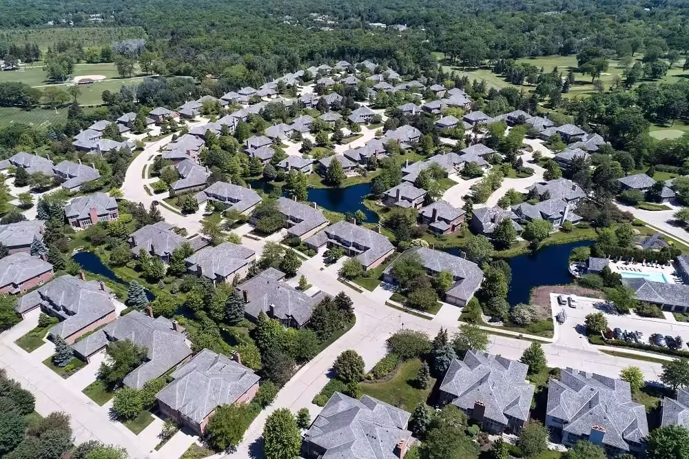 Aerial view of a Northbrook neighbourhood with landscaped ponds
