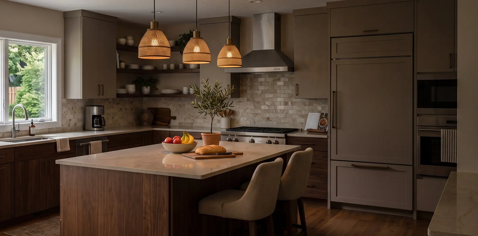 Taupe shaker cabinets over walnut base cabinets with an island under woven pendant lights