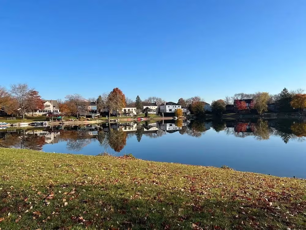 Autumn trees reflected in a lake near Arlington Heights
