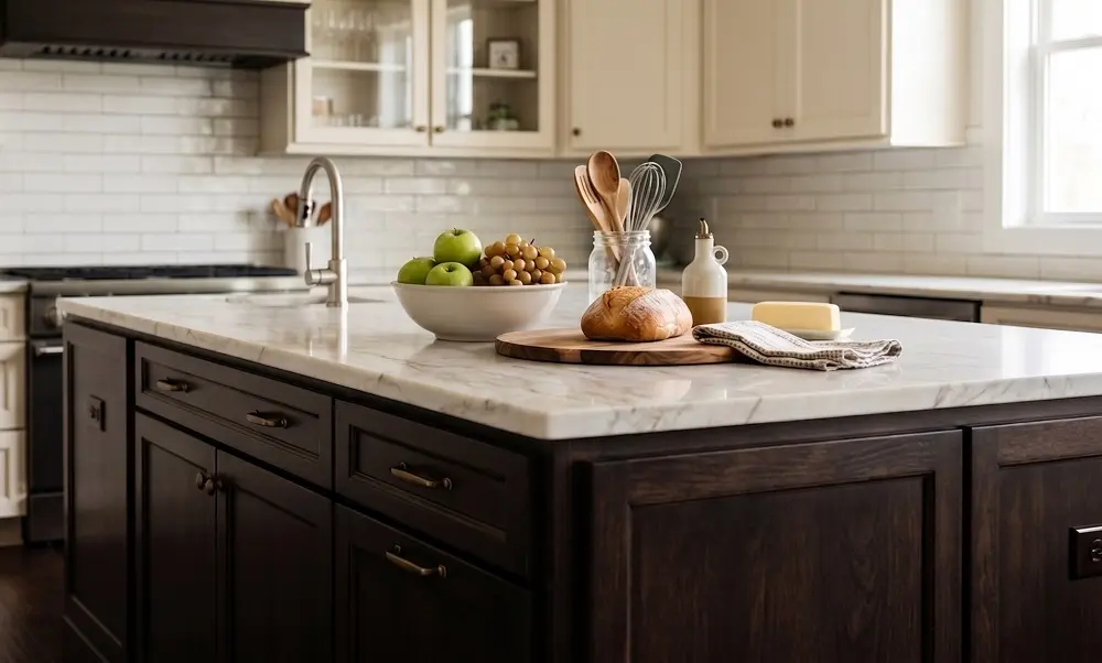 Dark espresso island cabinets with a marble countertop beside cream upper cabinets