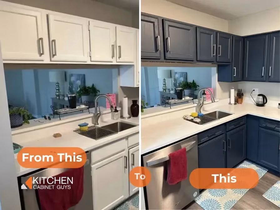 Side-by-side of a white kitchen before and navy cabinets after refacing