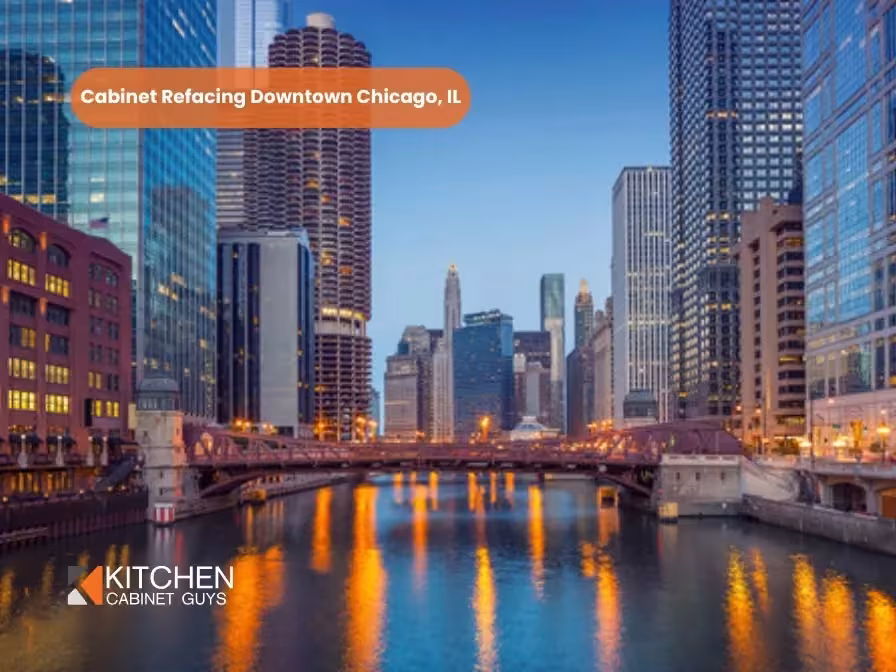 Chicago River and skyline lit up at night above the downtown service area